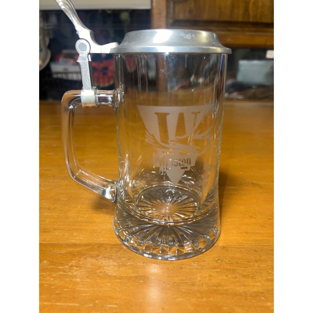 Vintage Winston Eagle Clear Glass Beer Stein with Pewter‎ Lid Collectible Mug